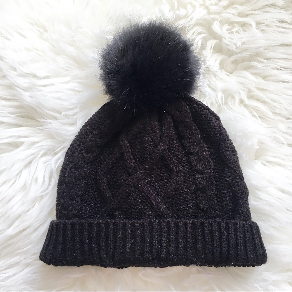 J. Crew Faux Fur Pom Pom Black Beanie Hat